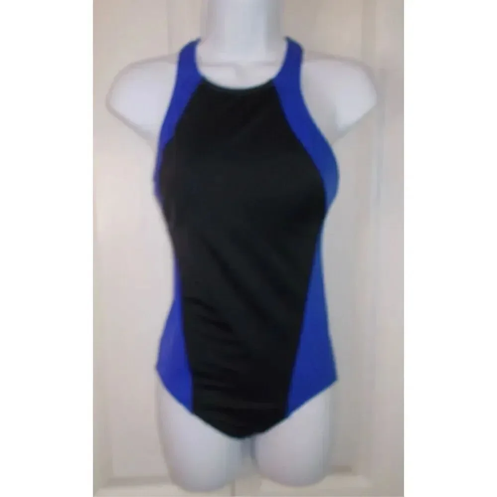 Land's End Size 12 High Neck One Piece Swimsuit Black Blue Colorblock Sporty